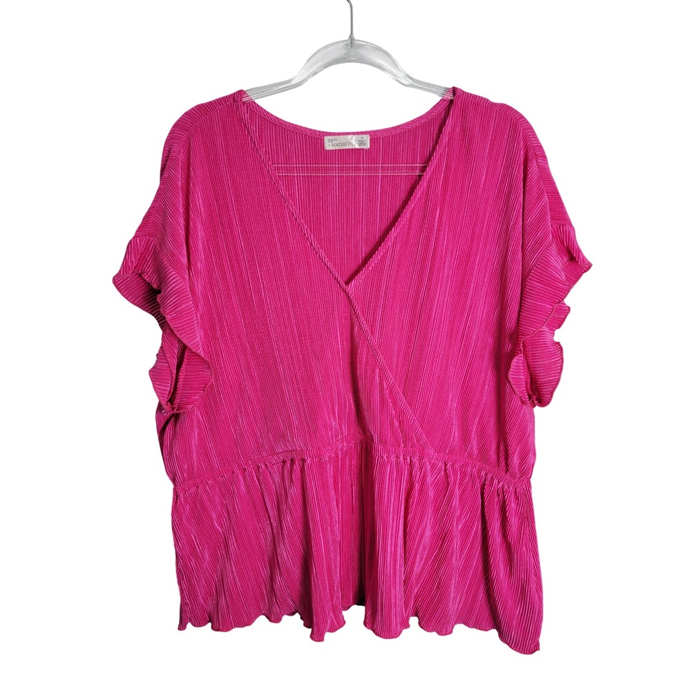 89th + Madison Womens 1X Blouse Hot Pink Pleated Plisse Peplum V-Neck Wrap Top